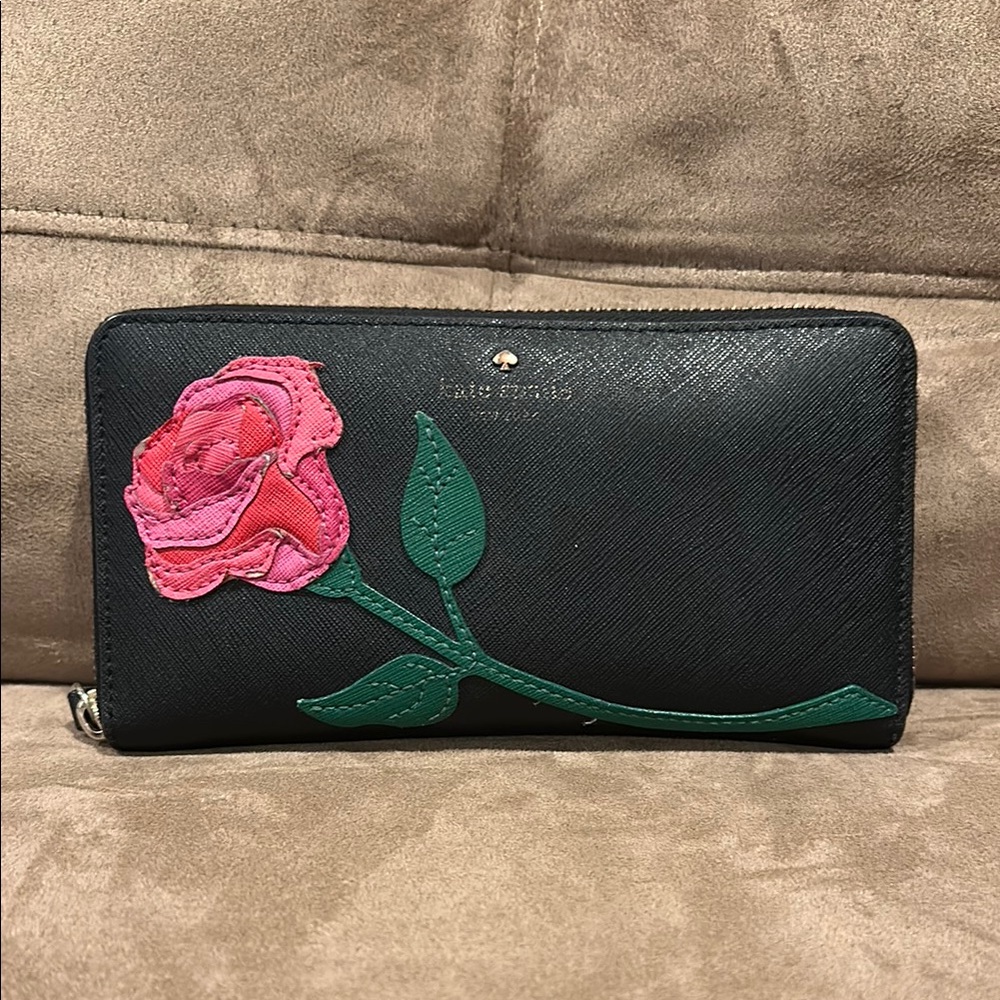 Kate Spade Black Wallet with Pink and Green Rose